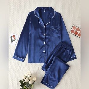 Women’s Elegant Blue Satin Pajama Set Top and Pants Sleepwear Size L